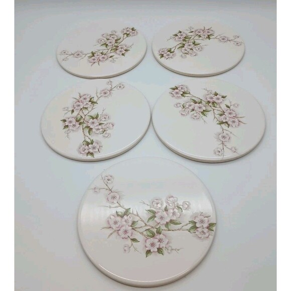Vtg Mid-State Ceramic Trivets Cherry Spring Blossom 6"Round Set Of 5 - Picture 1 of 7